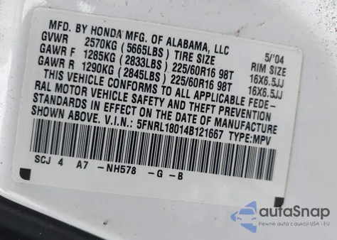 2004 Honda Odyssey Ex-L from USA, damaged, VIN 5FNRL18014B121667